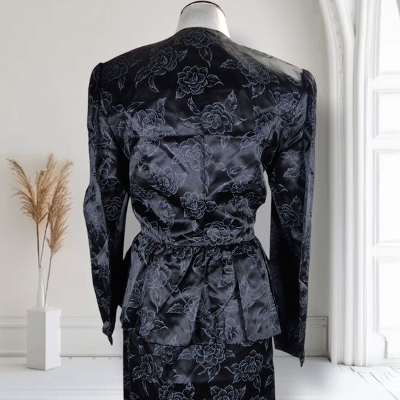 Vintage 80s Peplum Satin Midi Skirt Set Size 6 Black Floral Rose Print Goth - Picture 7 of 16